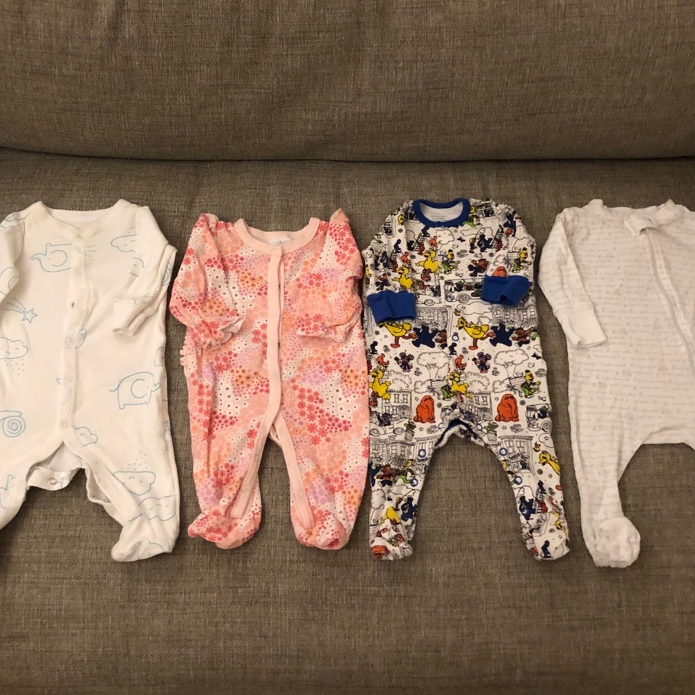 Bundle: Four pairs of footie pajamas in 0-3